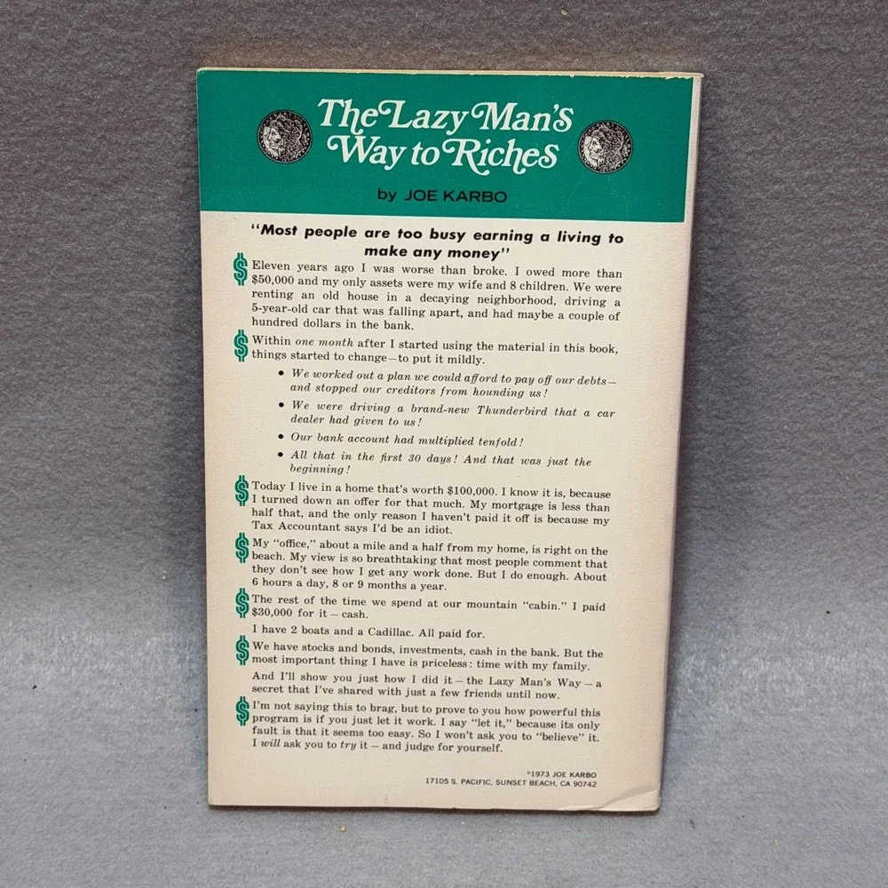 Vintage 1973 Lazy Man's Way to Riches Joe Karbo DYNA PSYC Business Advertising
